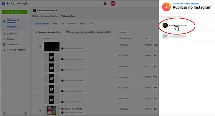 Facebook creator studio publicar posts selecionando perfil