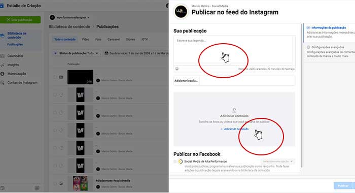 Facebook creator studio publicar posts inserindo informações