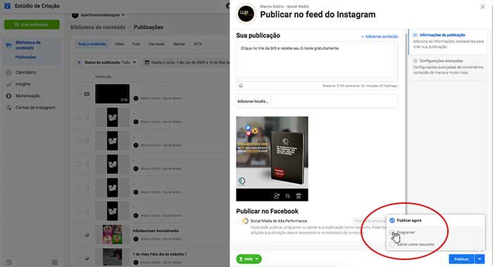 Clique na seta ao lado do botão “Publicar” e em seguida “Agendar”