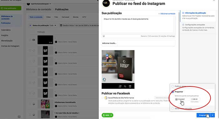 Escolha a data e hora para a publicação e em seguida clique em “Programar”